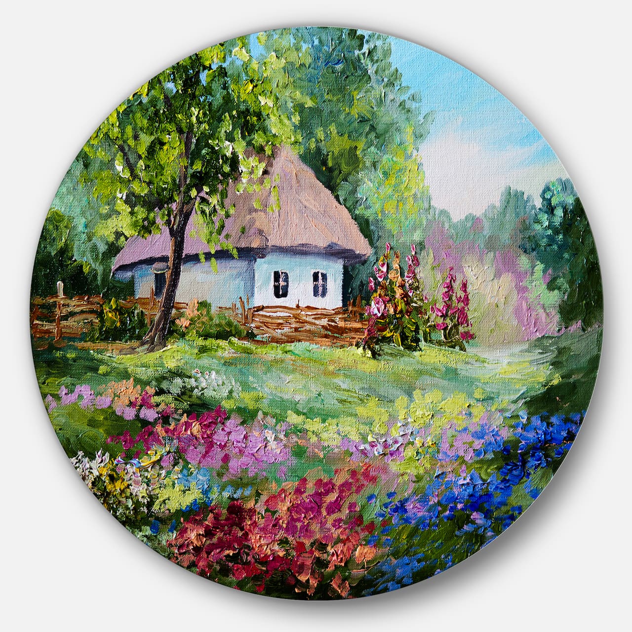 Designart - House in the Village Oil Painting&#x27; Landscape Circle Metal Wall Art